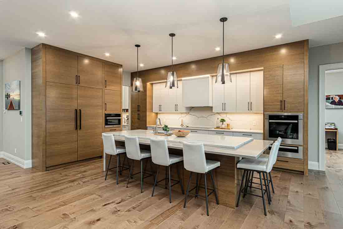 modern kitchen with wood cabinets